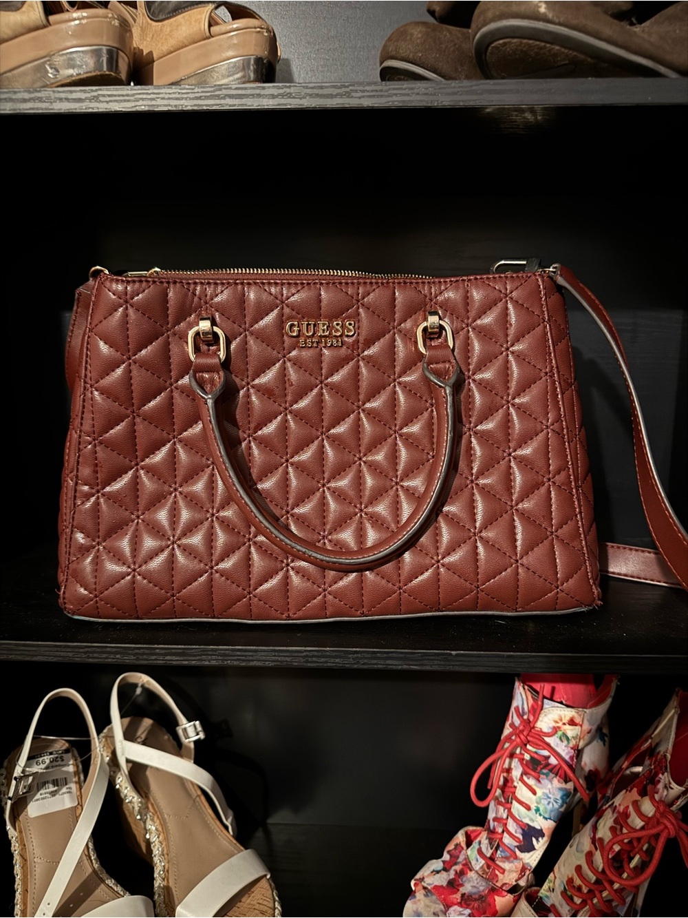 GUESS Quilted Satchel in Deep Burgundy with Gold Hardware